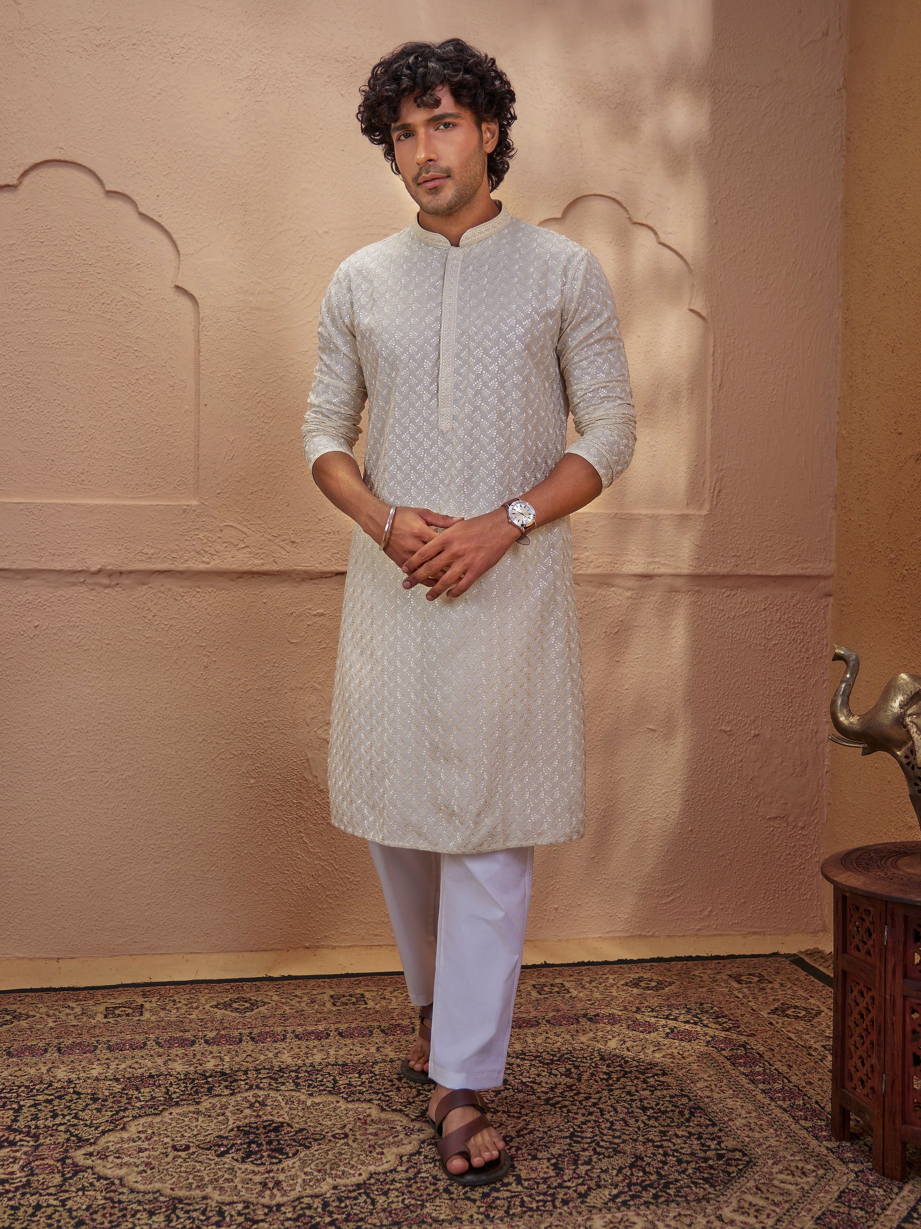 Men's Beige Jacquard+ Embroidered Thigh Length Kurta