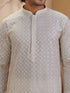 Men's Beige Cotton Embroidered Thigh Length Kurta With Pyjama