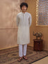 Men's Beige Cotton Embroidered Thigh Length Kurta With Pyjama