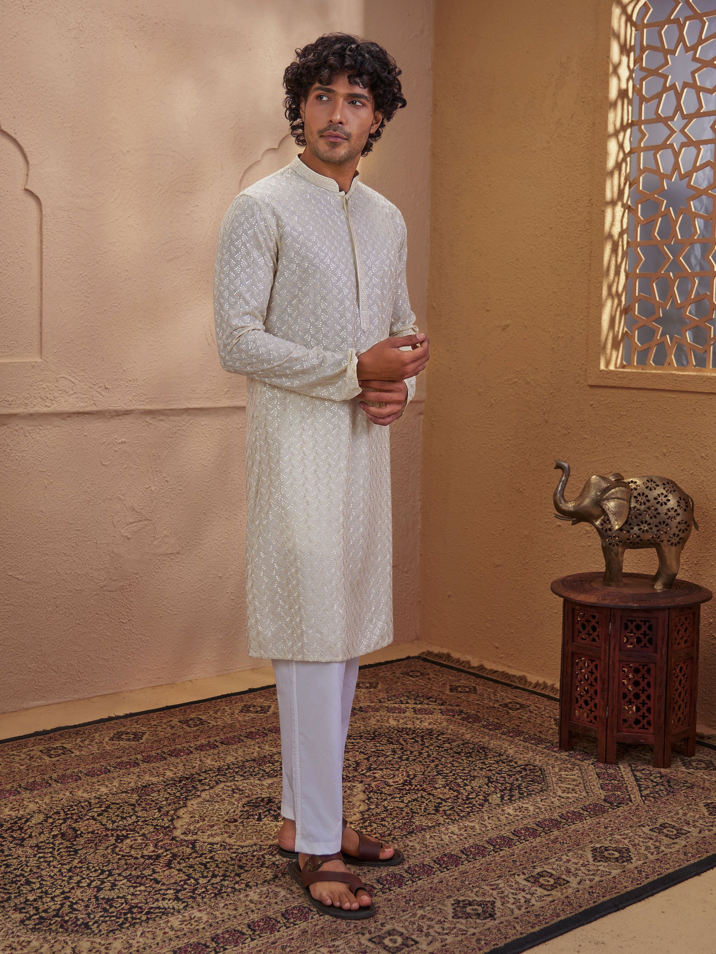 Men's Beige Cotton Embroidered Thigh Length Kurta With Pyjama