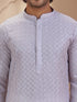 Men's Grey Woven Fabric Embroidered Thigh Length Kurta