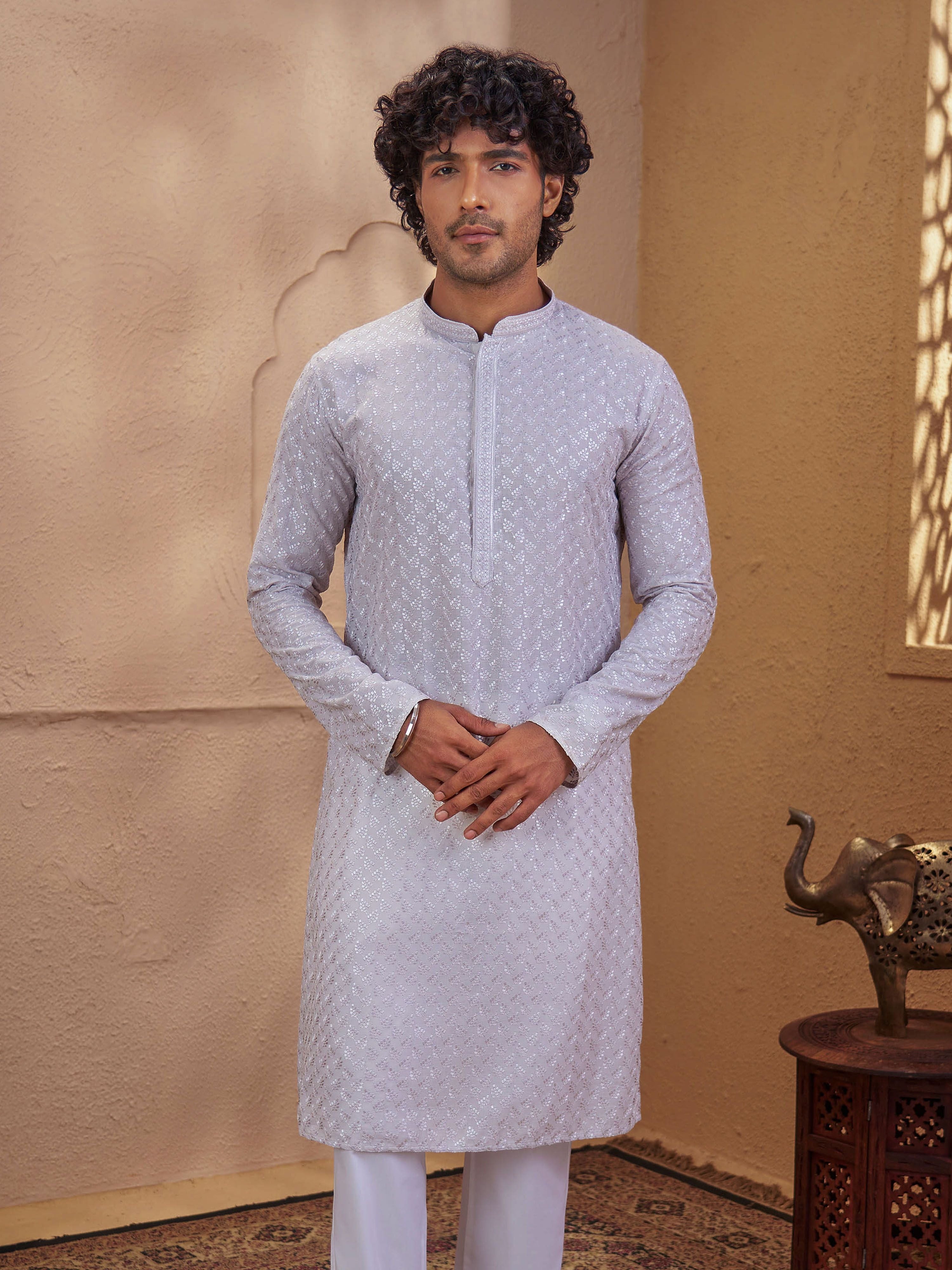 Men's Grey Woven Fabric Embroidered Thigh Length Kurta