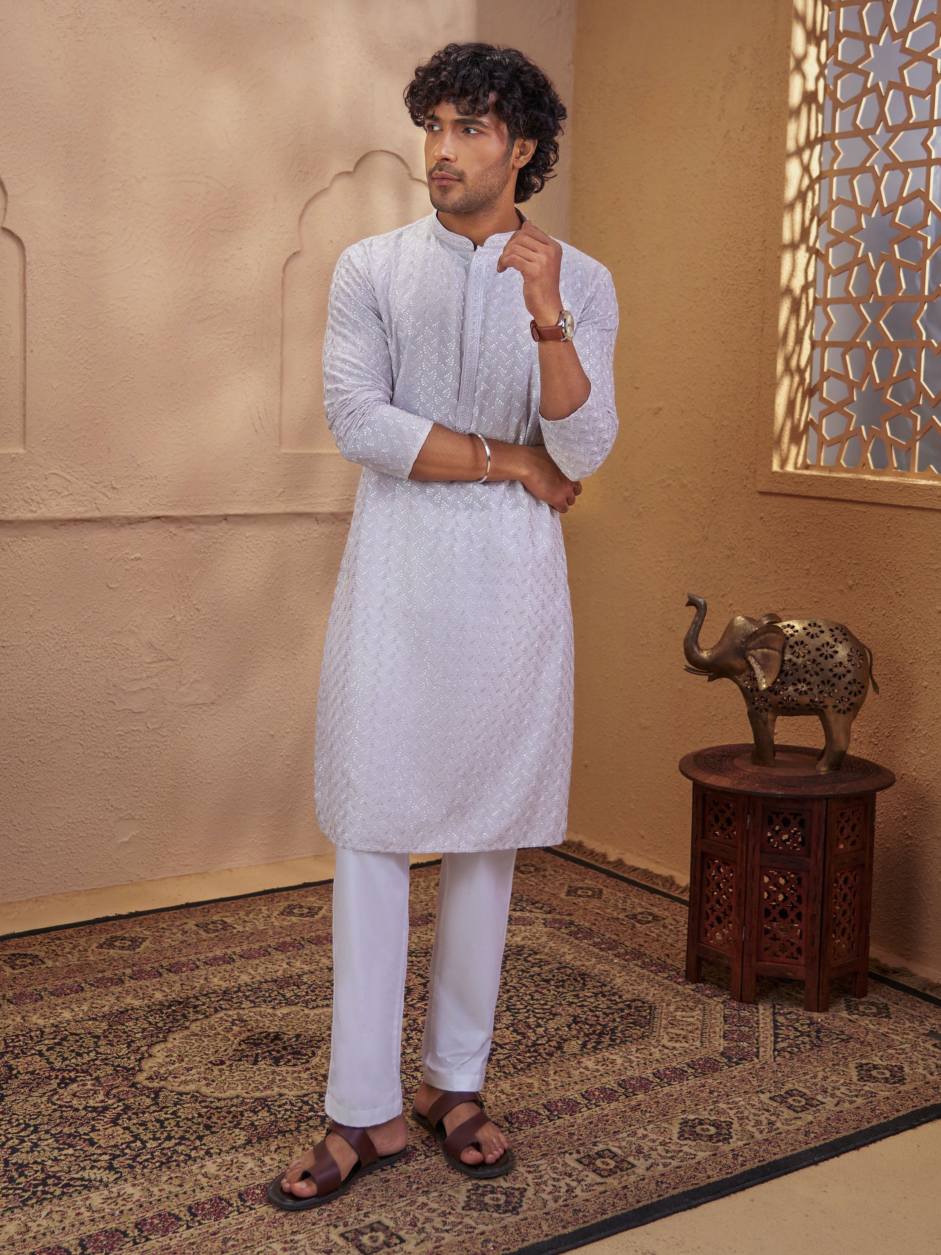 Men's Grey Woven Fabric Embroidered Thigh Length Kurta