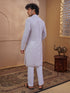 Men's Grey Cotton Embroidered Thigh Length Kurta With Pyjama