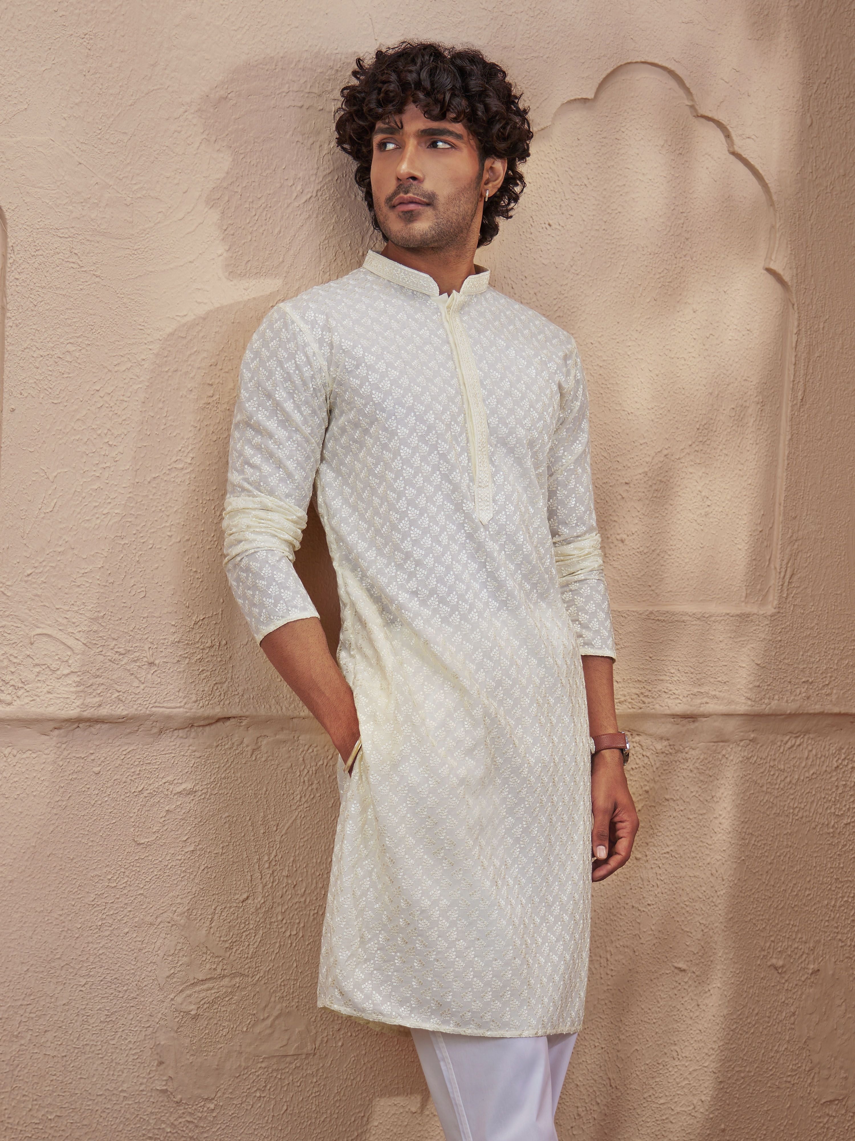 Men Light Yellow Embroidered Mandarin Collar Kurta