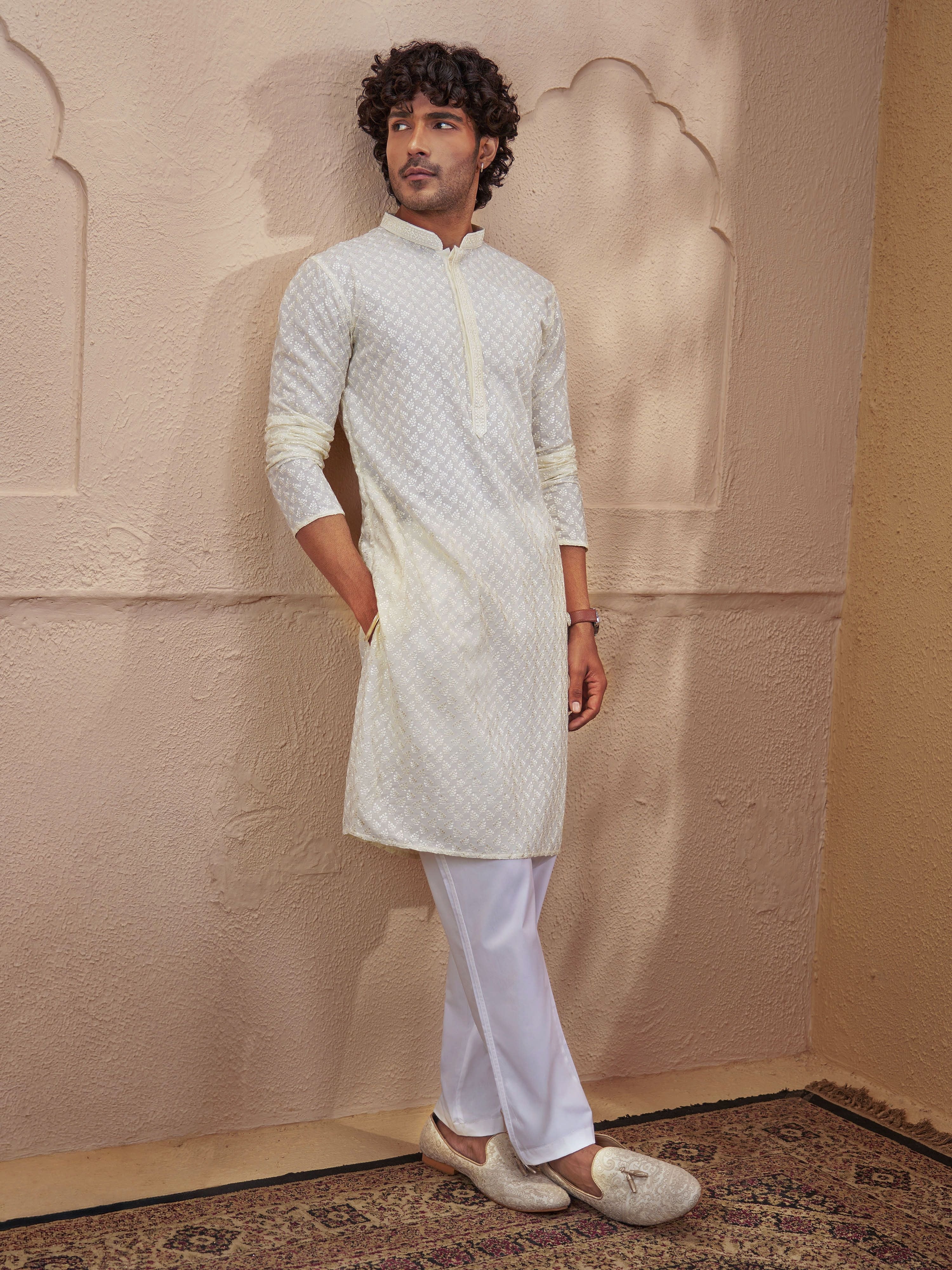 Light Yellow Cotton Embroidered Kurta Pyjama Set