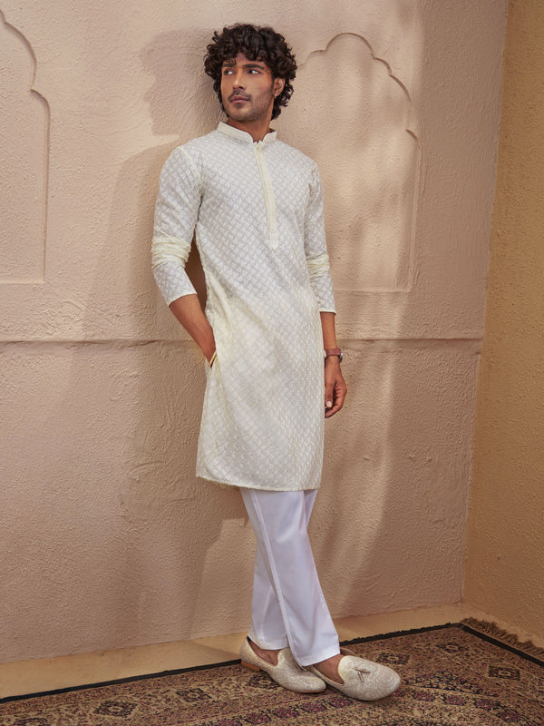 Light Yellow Cotton Embroidered Kurta Pyjama Set