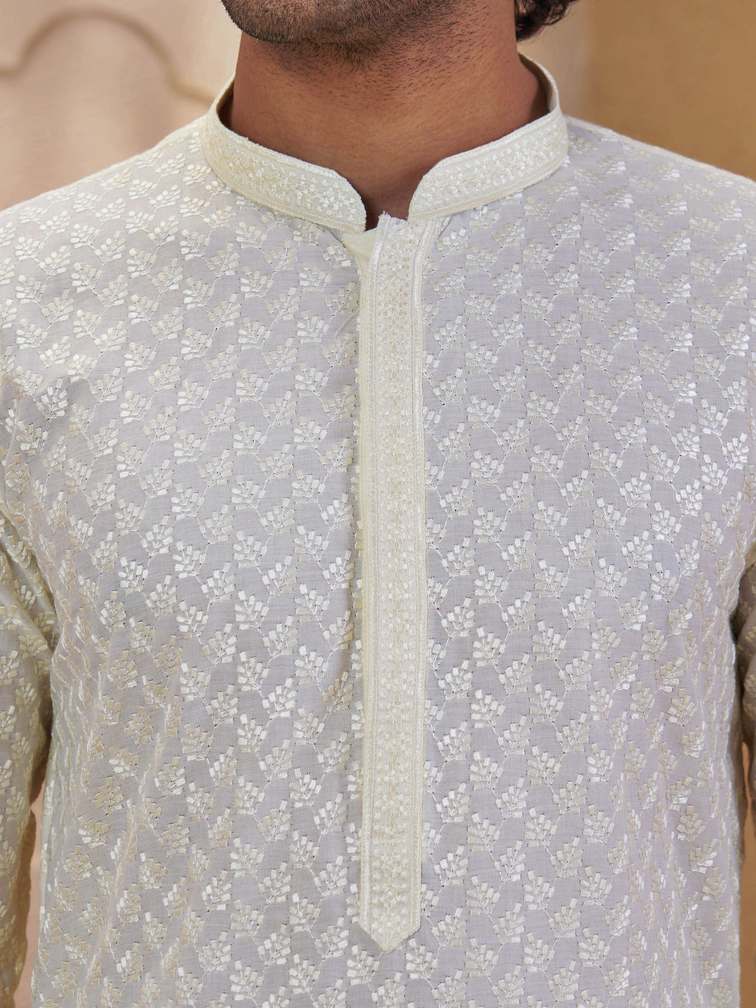 Men's Light Yellow Cotton Embroidered Thigh Length Kurta With Pyjama
