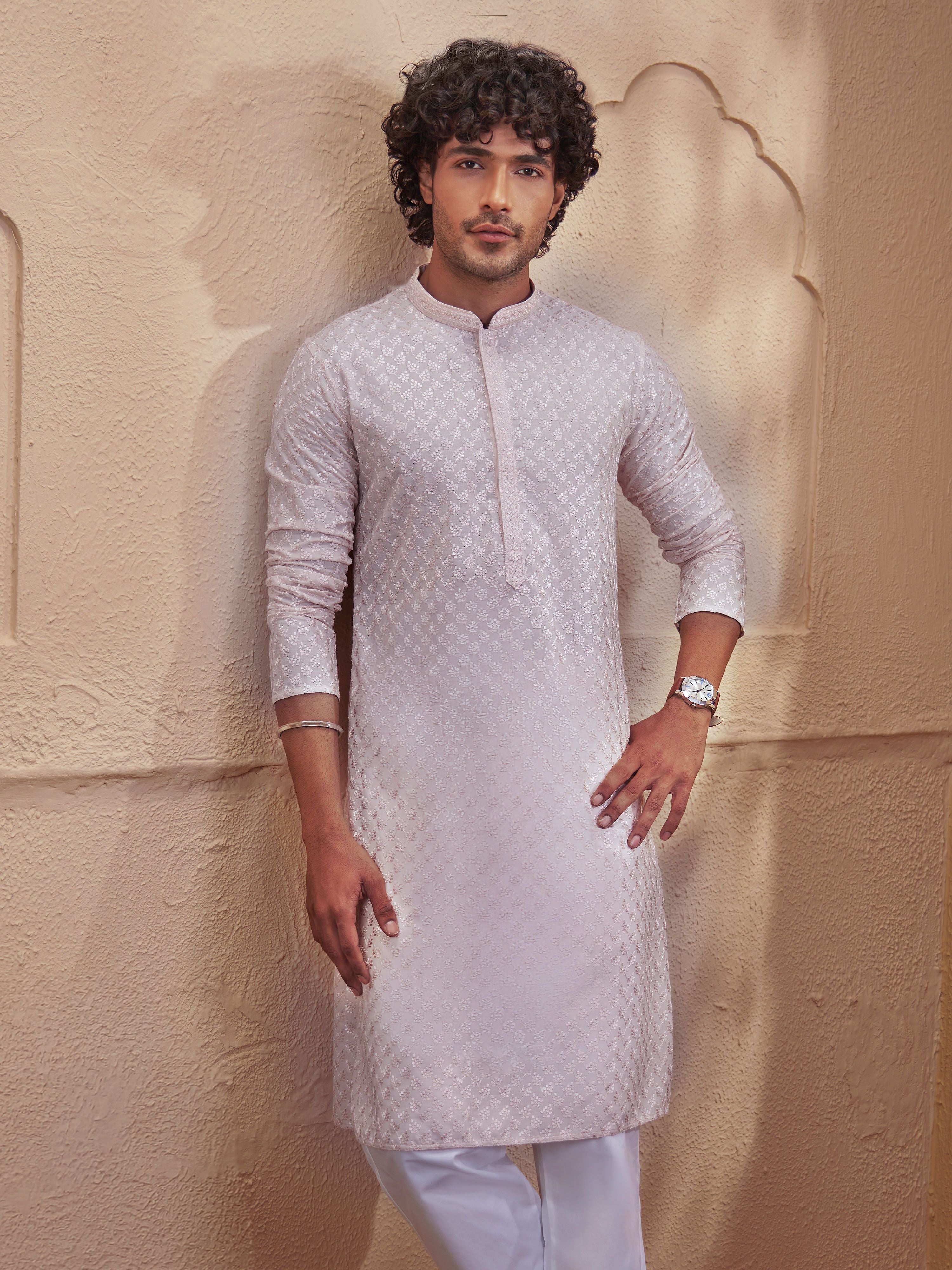 Men Peach Jacquard Embroidered Kurta with Mandarin Collar