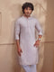 Men Peach Jacquard Embroidered Kurta with Mandarin Collar