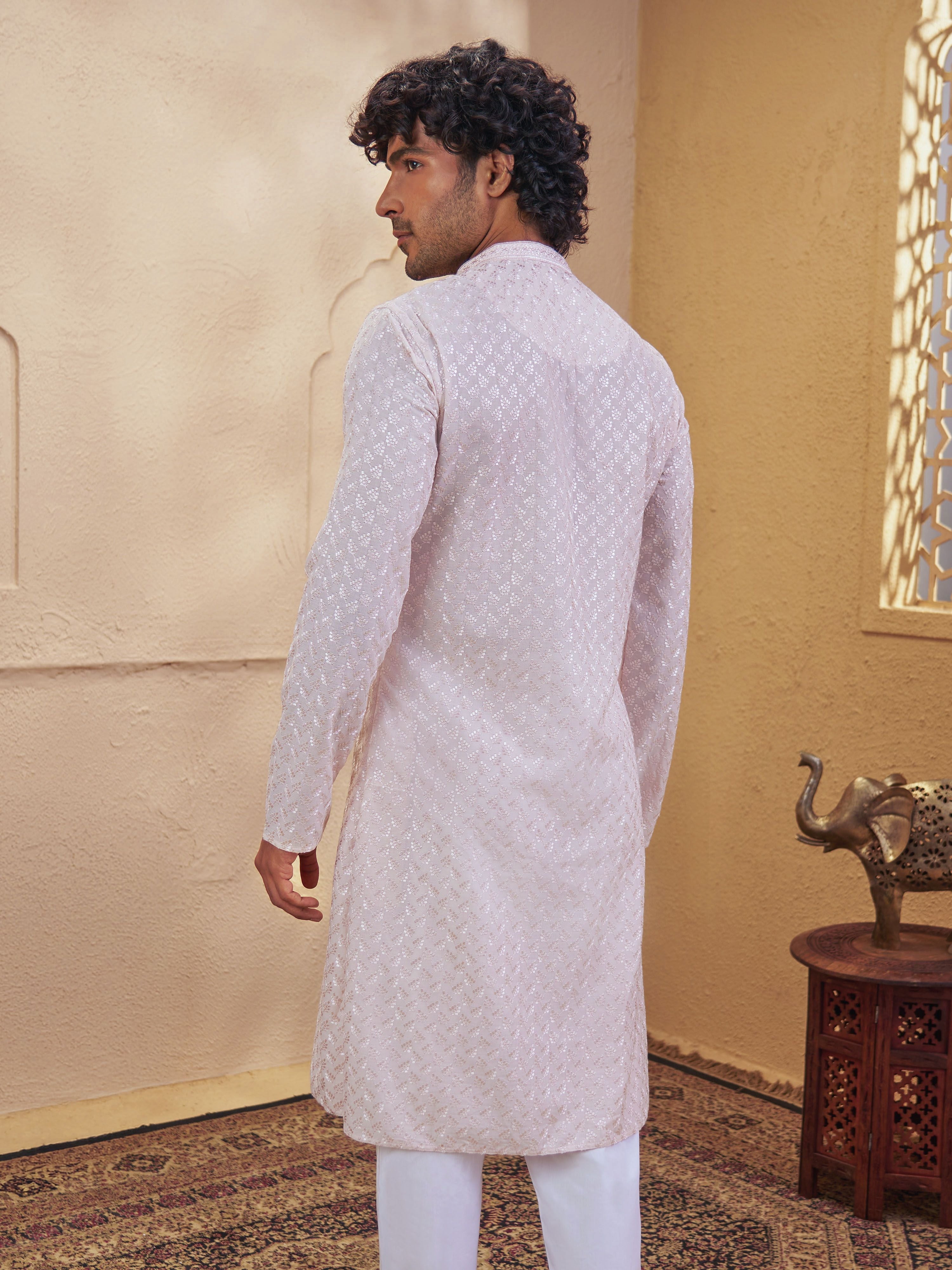 Men's Peach Jacquard+ Embroidered Thigh Length Kurta