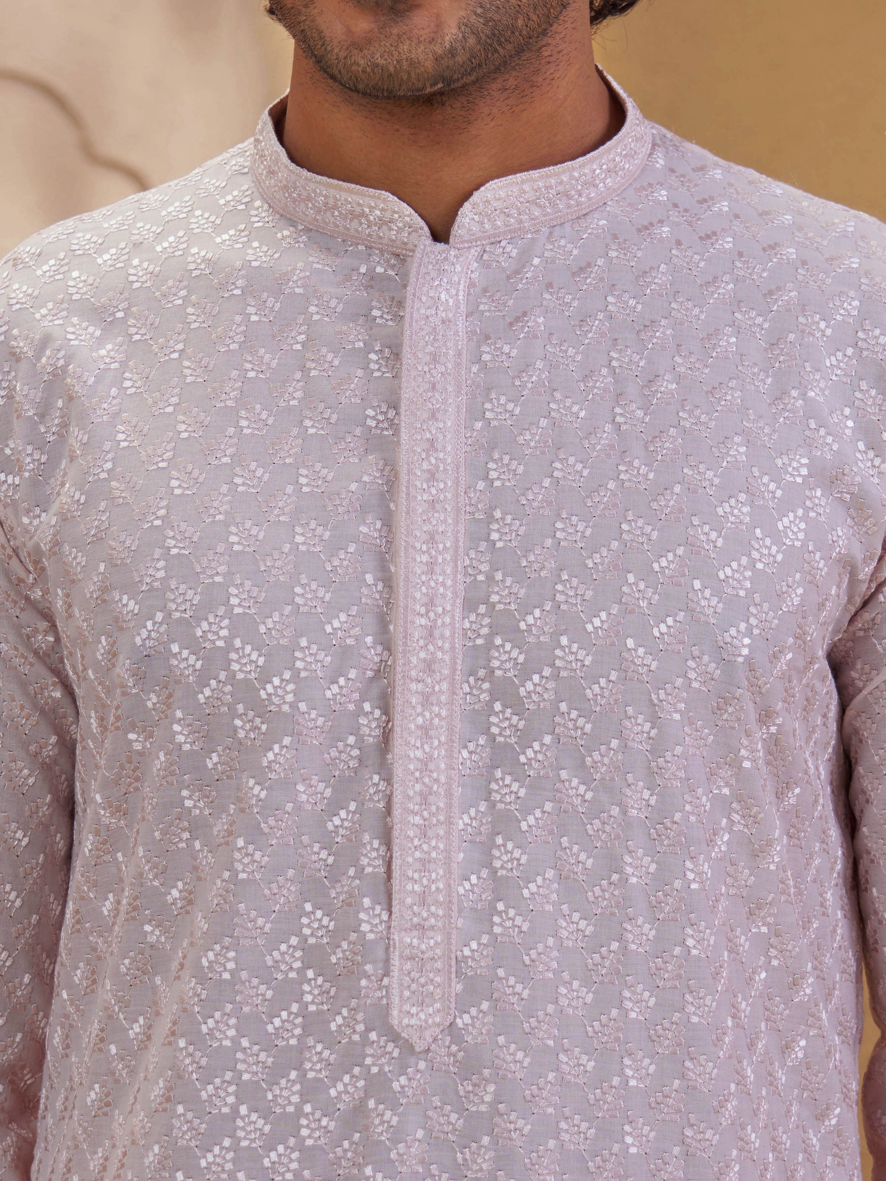 Men's Peach Cotton Embroidered Thigh Length Kurta With Pyjama