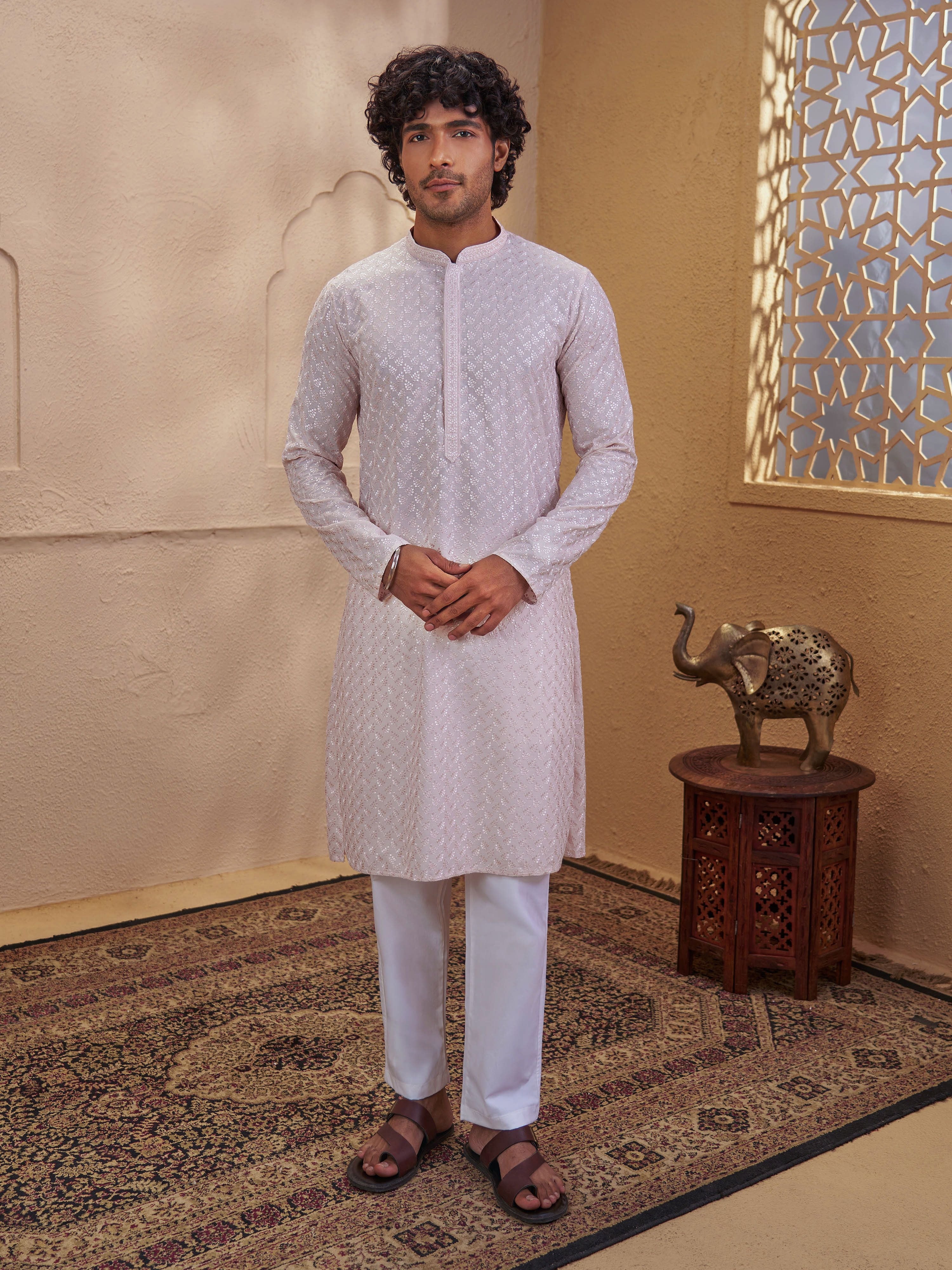 Men's Peach Cotton Embroidered Thigh Length Kurta With Pyjama