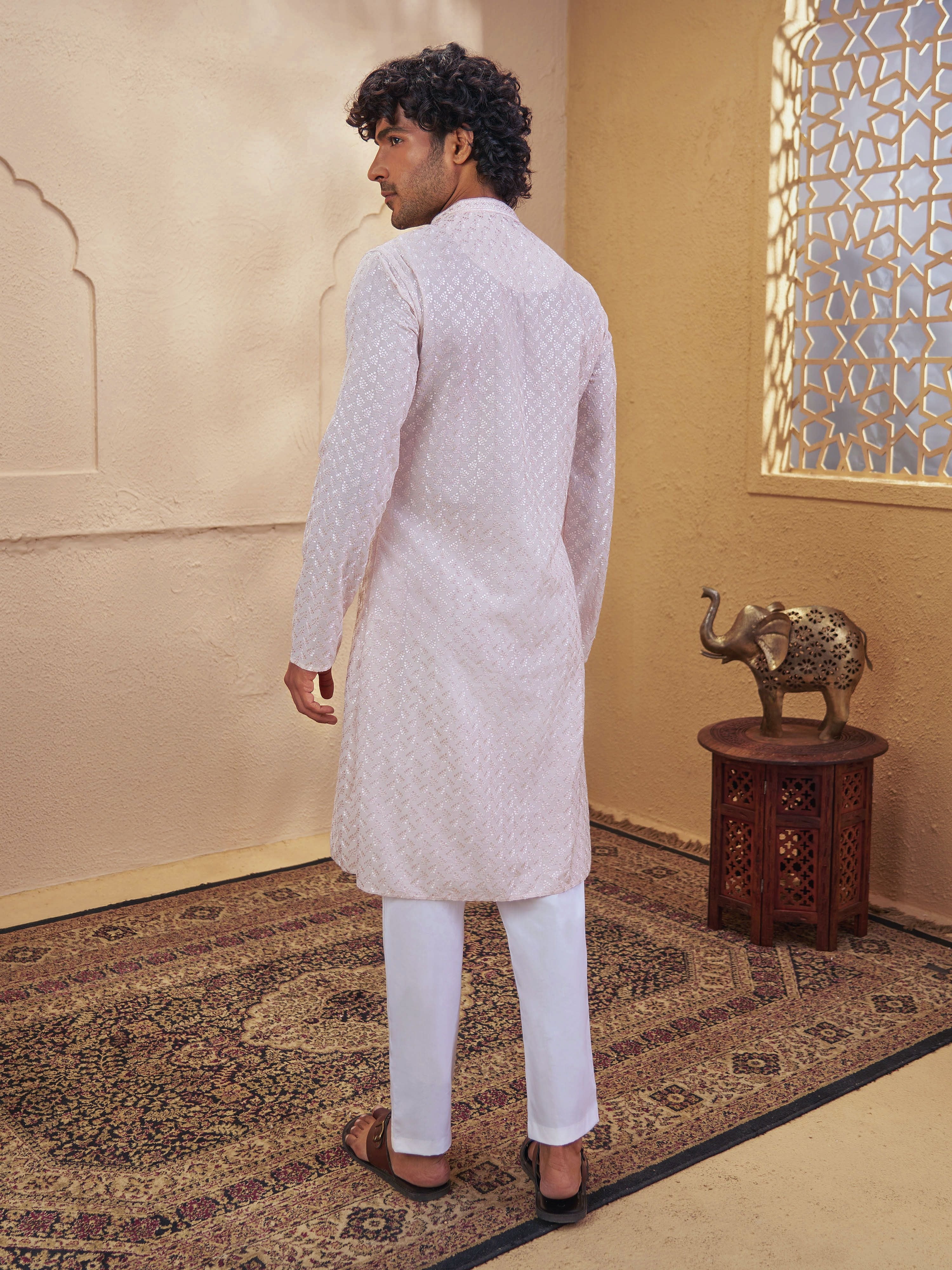 Men's Peach Cotton Embroidered Thigh Length Kurta With Pyjama