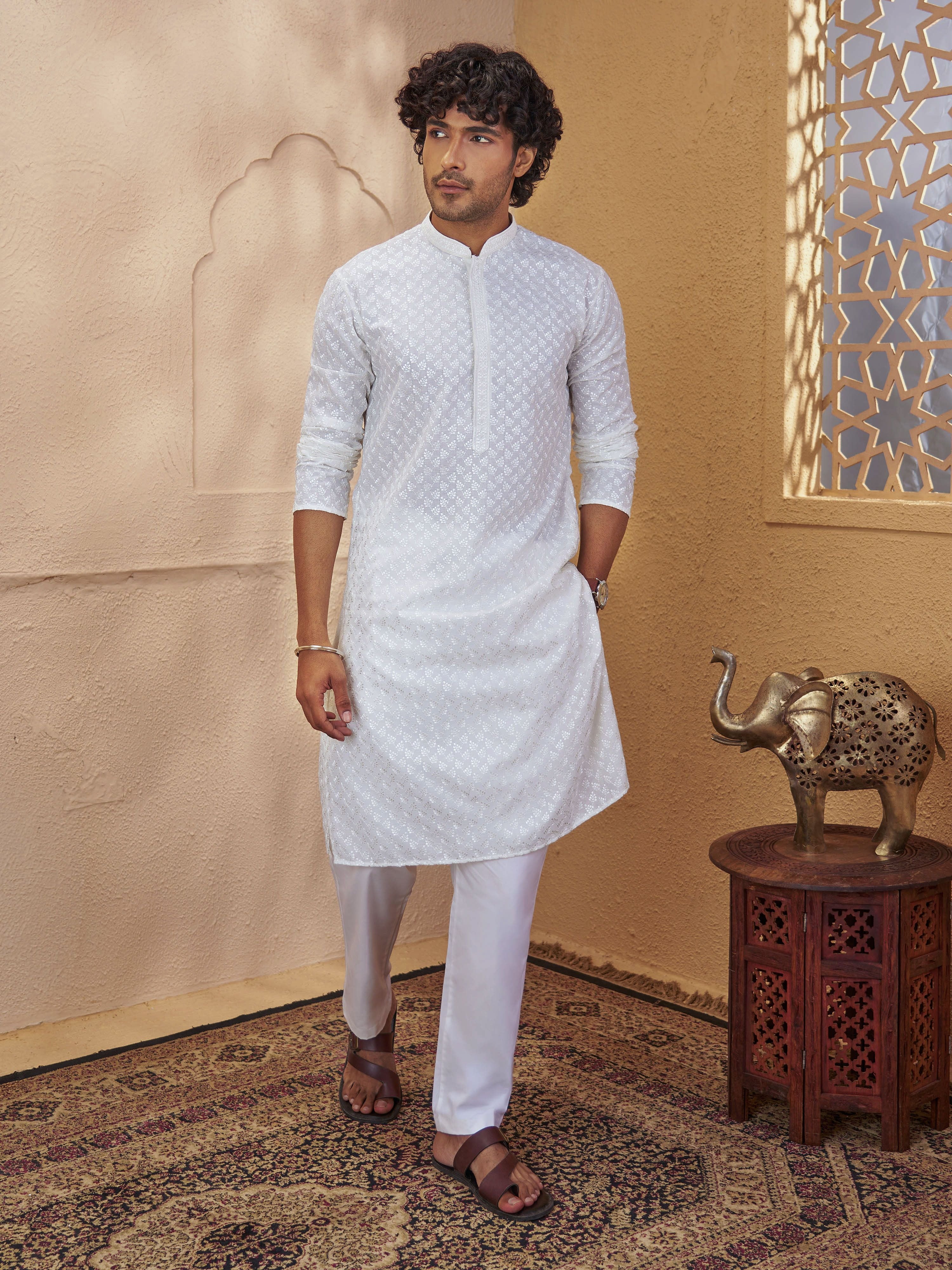 Men White Cotton Embroidered Kurta Pyjama Set