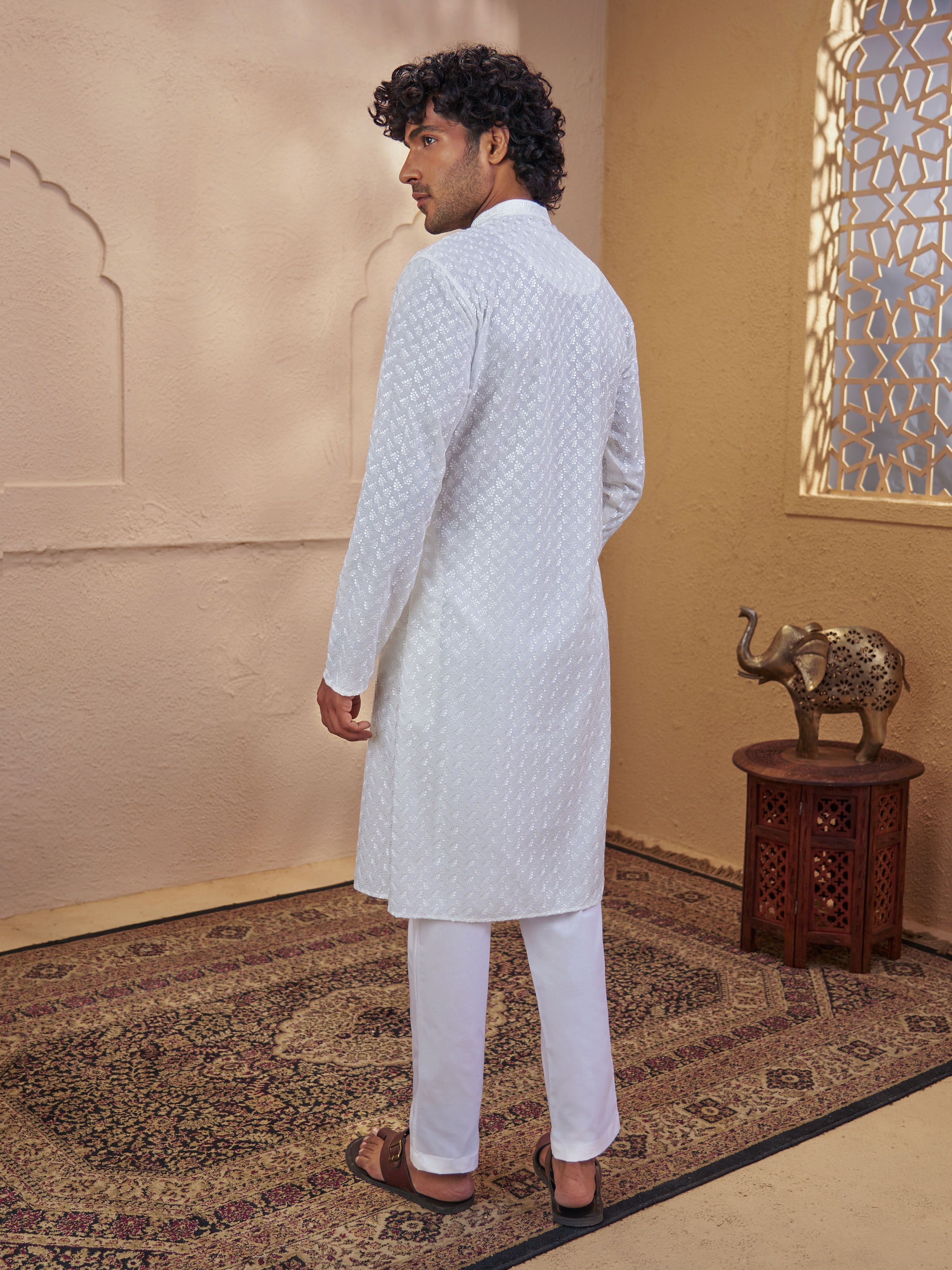Men's White Cotton Embroidered Thigh Length Kurta With Pyjama