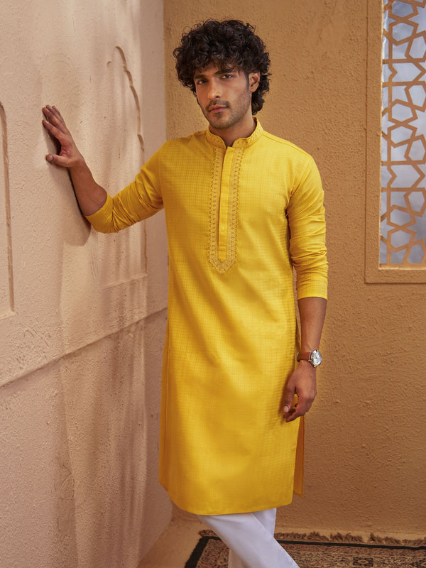 Men Mustard Cotton-Blend Jacquard Zari Work Kurta