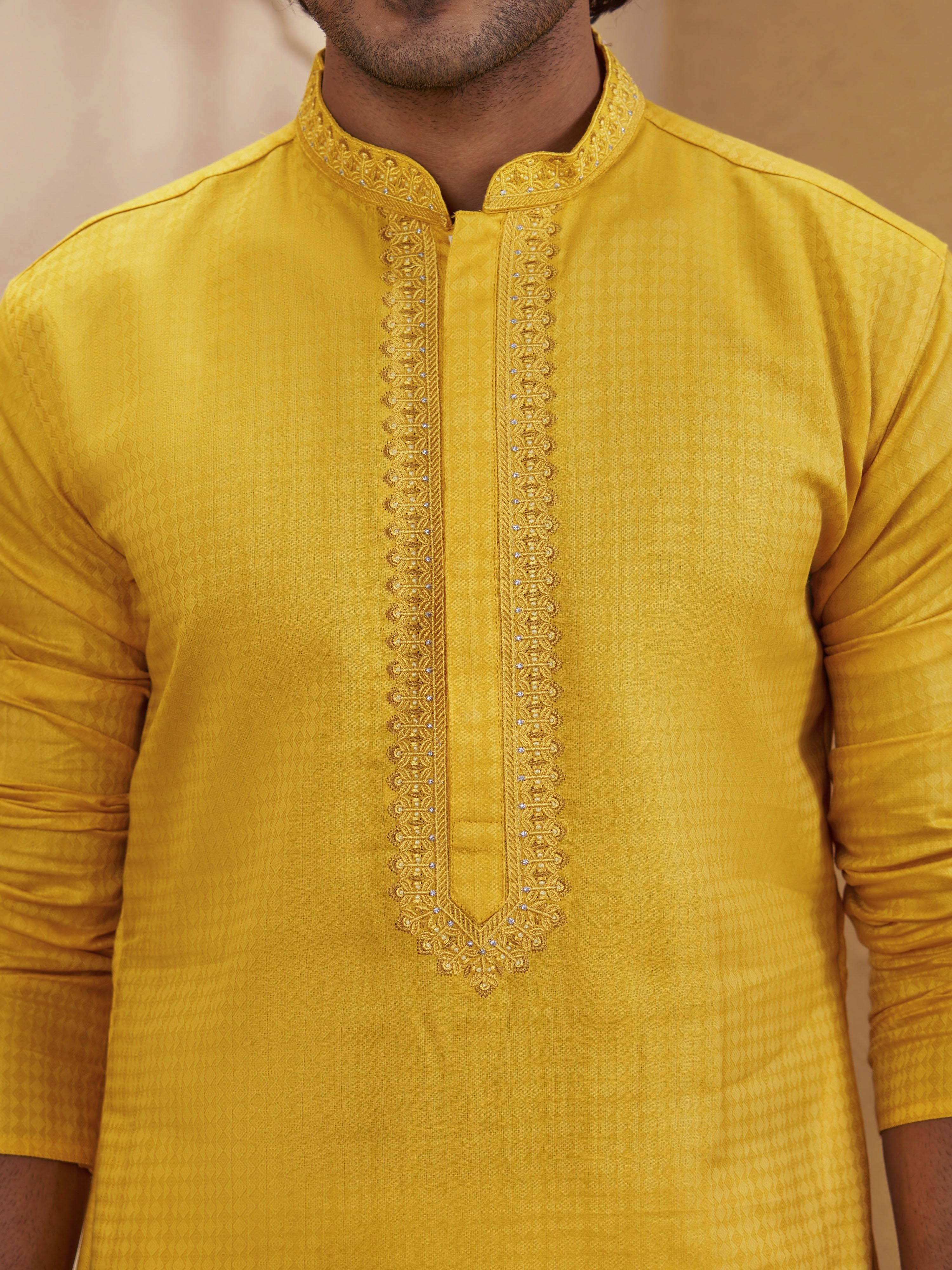 Men's Mustard Cotton-Blend Self Design Thigh Length Long Kurta