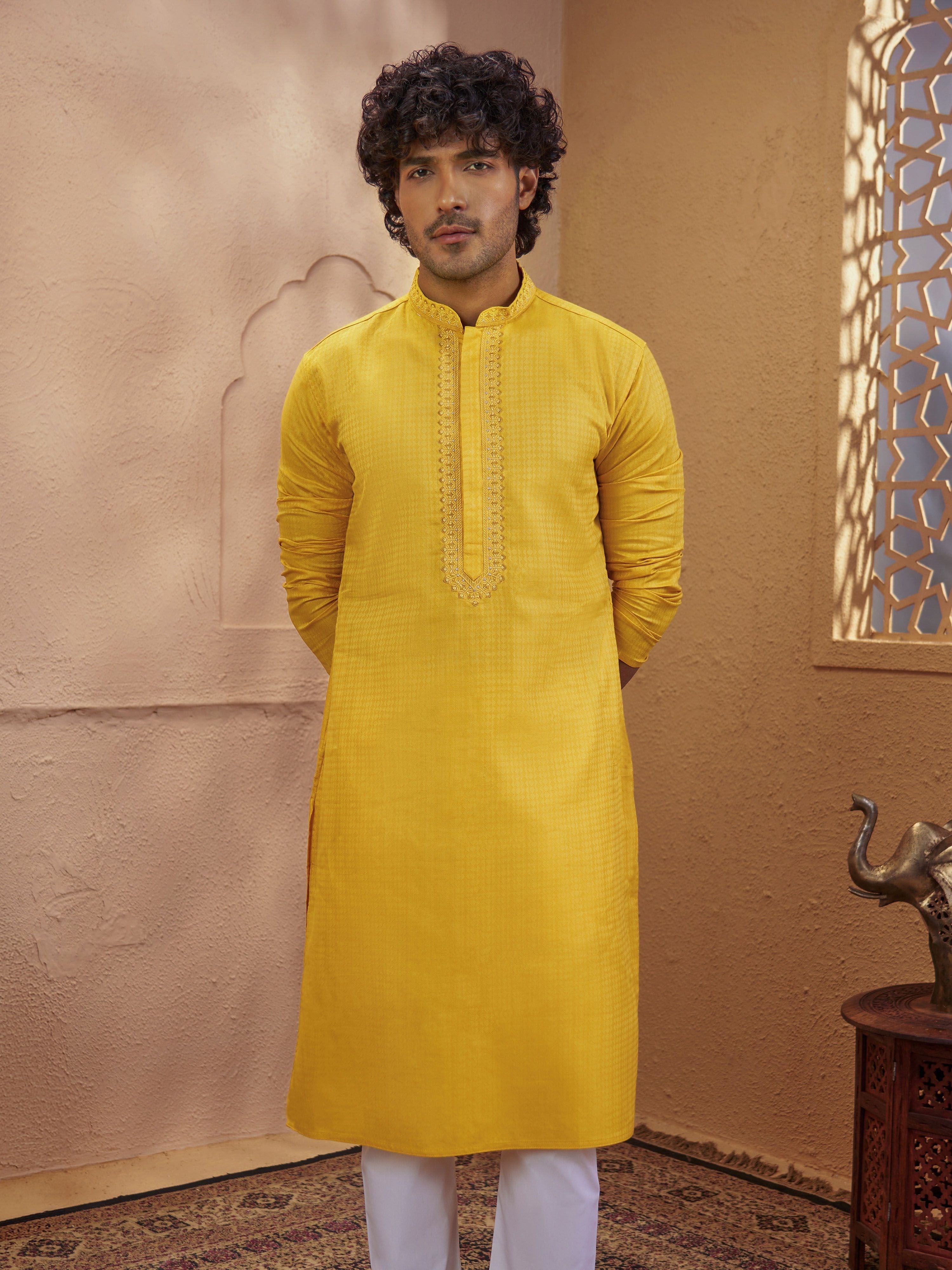 Men's Mustard Cotton-Blend Self Design Thigh Length Long Kurta