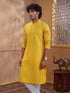 Men's Mustard Cotton-Blend Self Design Thigh Length Long Kurta