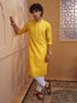 Men's Mustard Cotton-Blend Self Design Thigh Length Long Kurta