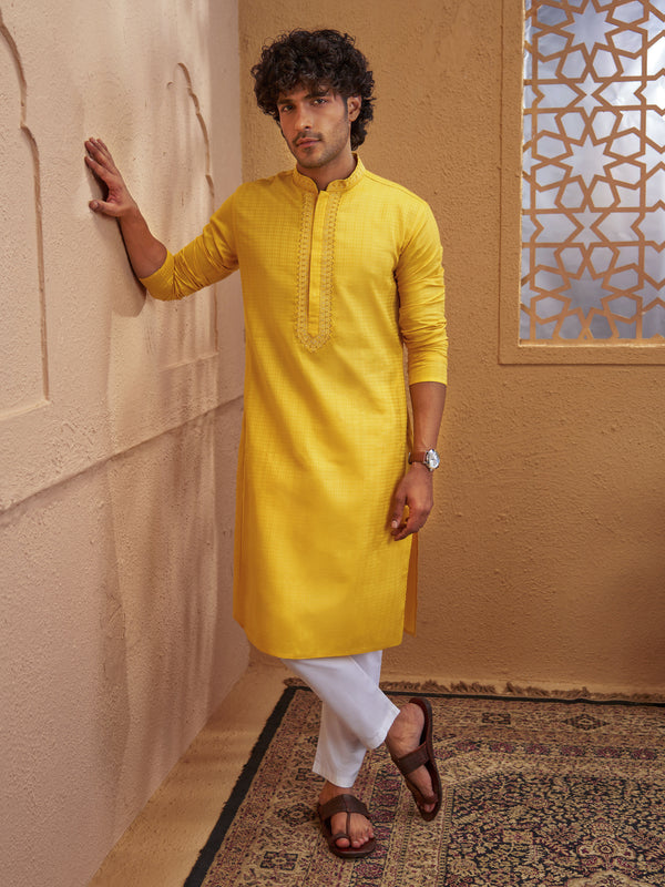 Men Mustard Cotton Jacquard Embroidered Kurta with White Aligarh Pyjama Set