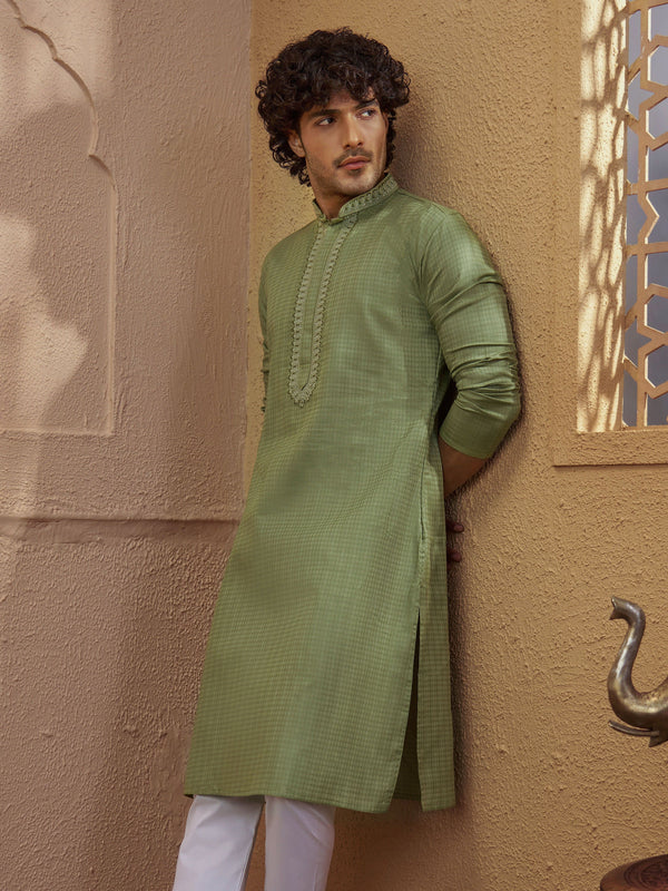 Mint Green Cotton-Blend Jacquard Zari Work Men's Kurta