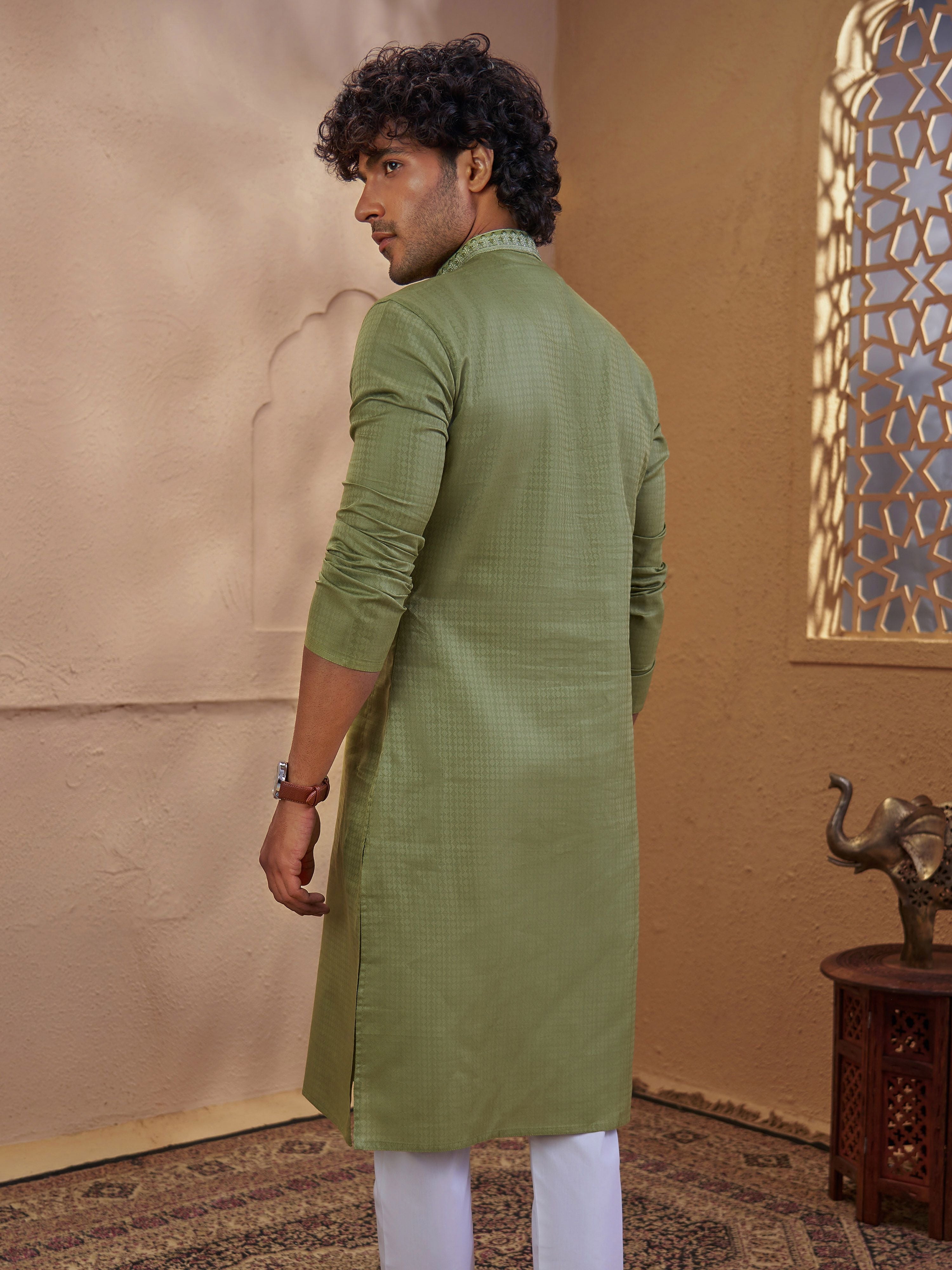 Men's Mint Cotton-Blend Self Design Thigh Length Long Kurta