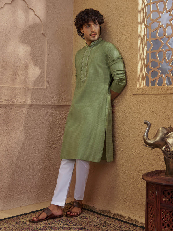 Men Mint Green Cotton Jacquard Embroidered Kurta with White Aligarh Pyjama Set