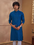 Men's Turquoise Cotton-Blend Self Design Thigh Length Long Kurta