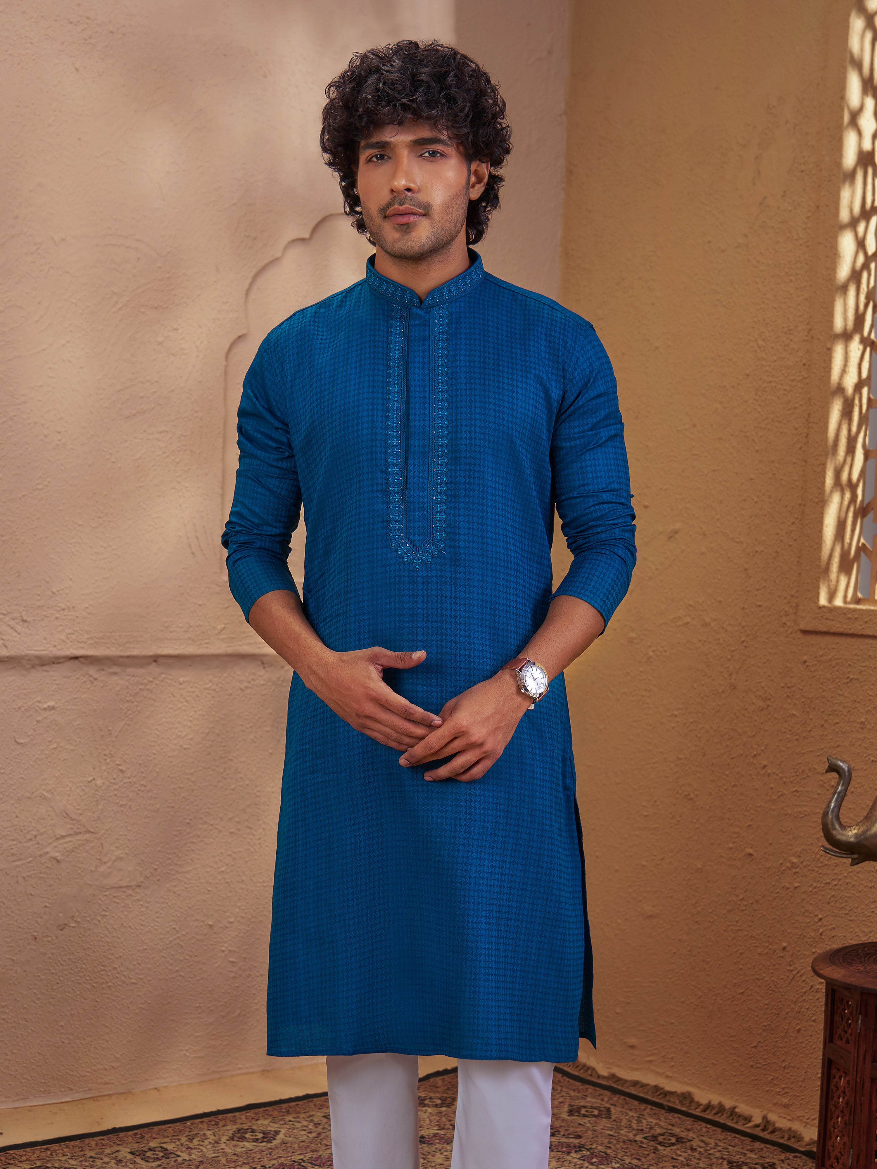 Men's Turquoise Cotton-Blend Self Design Thigh Length Long Kurta