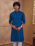 Men's Turquoise Cotton-Blend Self Design Thigh Length Long Kurta