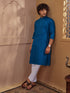Men's Turquoise Cotton-Blend Self Design Thigh Length Long Kurta