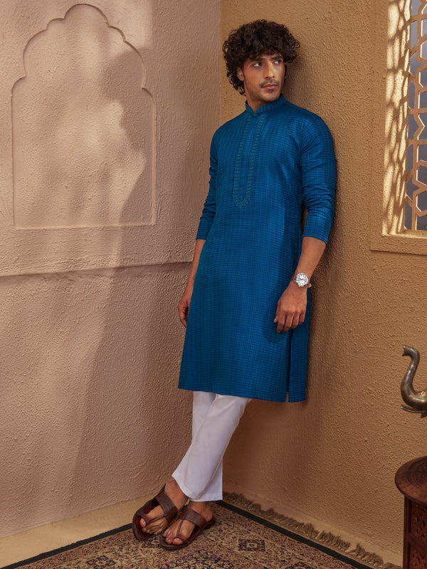 Men Turquoise Green Cotton Jacquard Embroidered Kurta with White Aligarh Pyjama Set