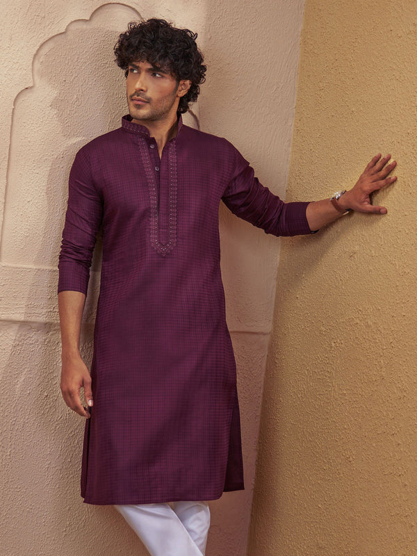 Men Wine Cotton-Blend Jacquard Zari Work Kurta
