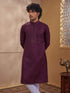 Men's Wine Cotton-Blend Self Design Thigh Length Long Kurta