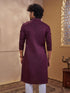 Men's Wine Cotton-Blend Self Design Thigh Length Long Kurta
