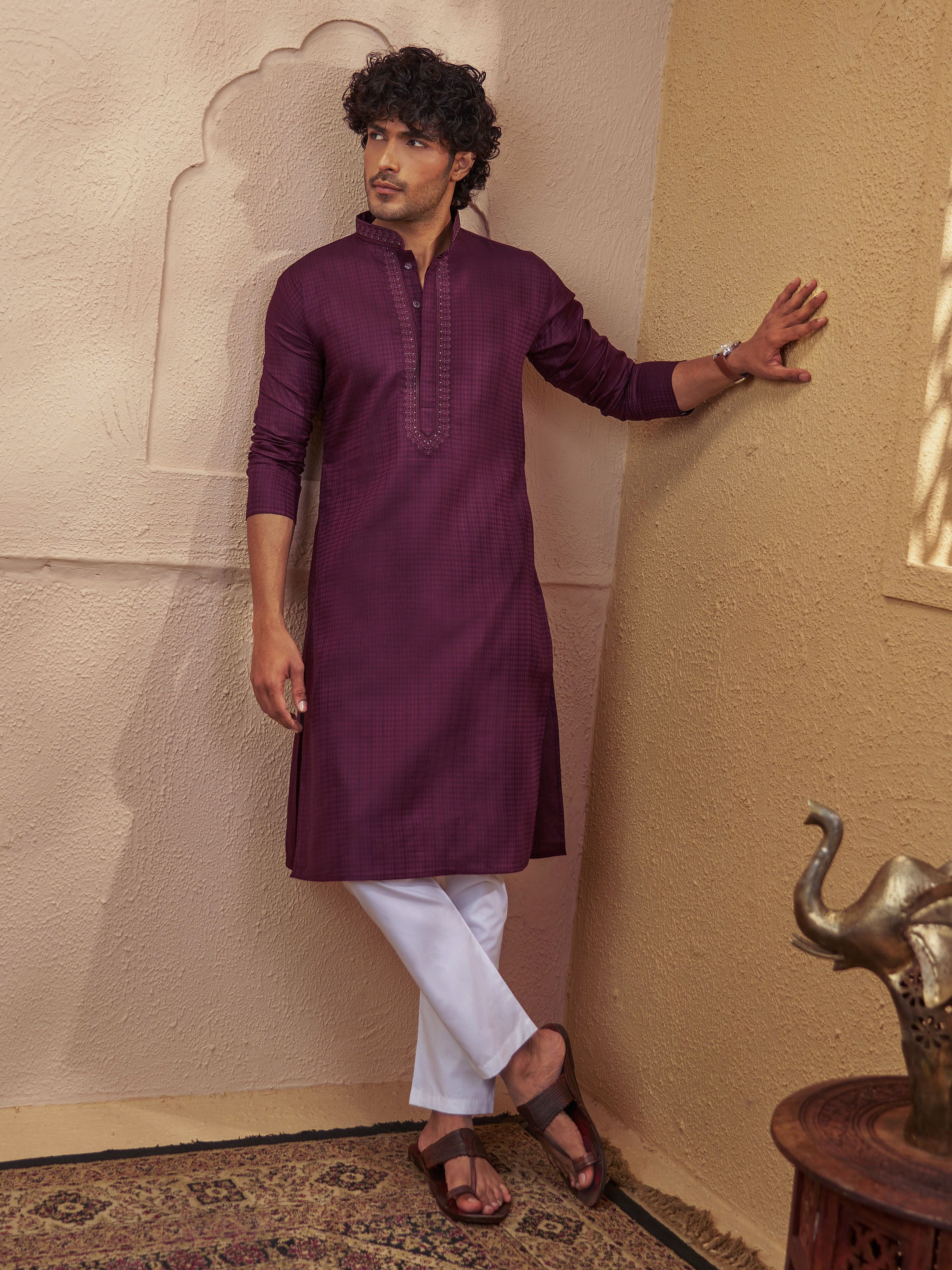 Men's Wine Cotton-Blend Self Design Thigh Length Long Kurta