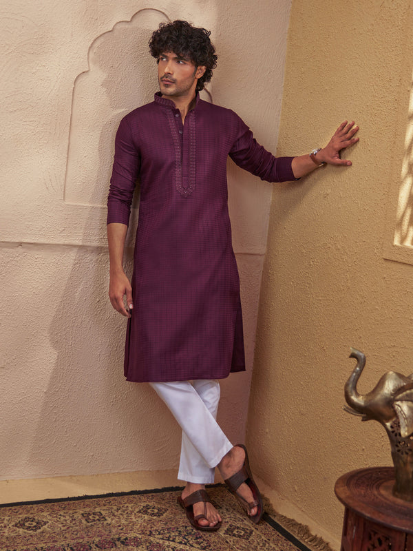 Men Wine Cotton Jacquard Embroidered Kurta with White Aligarh Pyjama Set