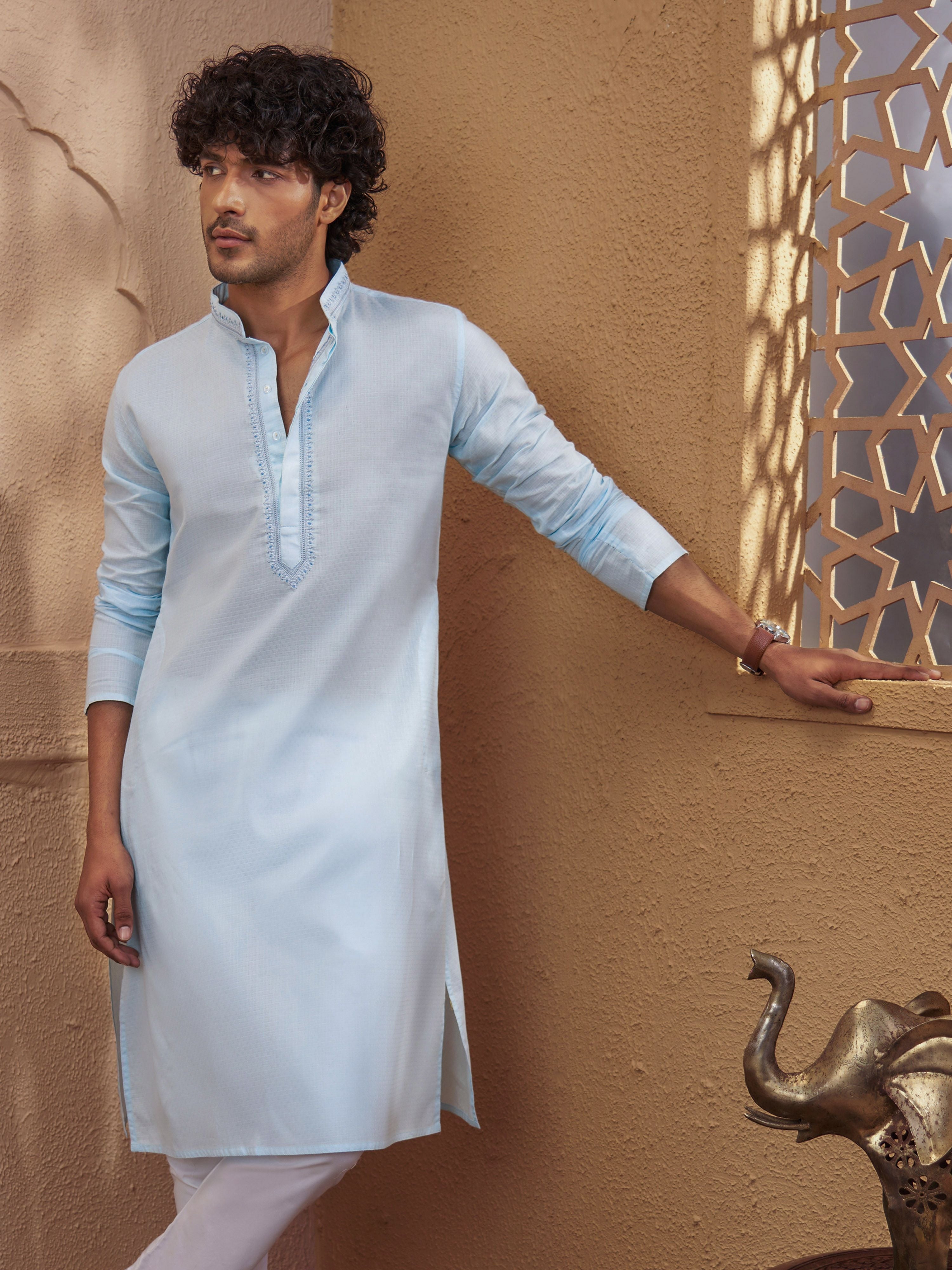 Men Aqua Zari Embroidered Straight Fit Mandarin Collar Kurta