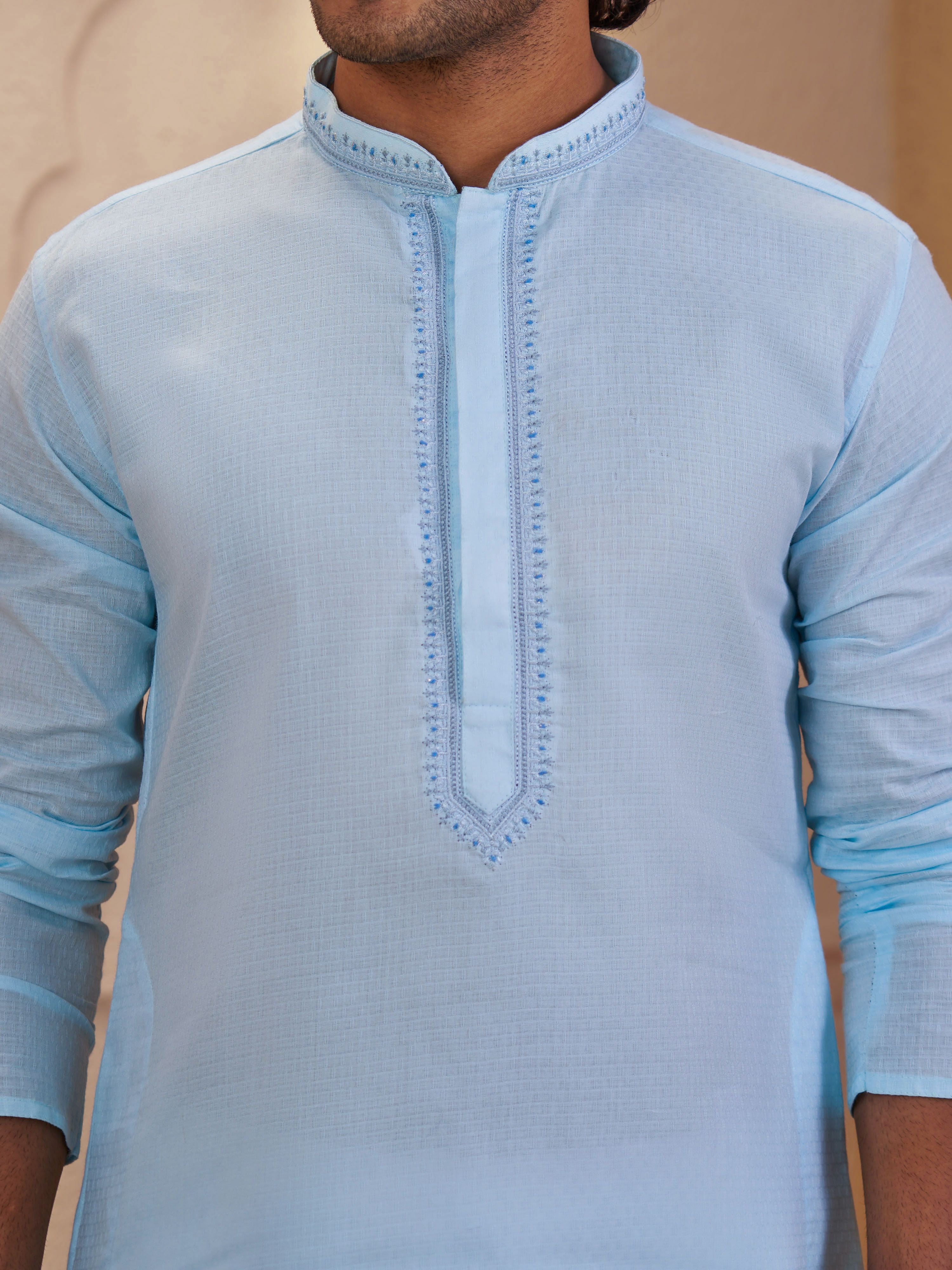 Men's Aqua Woven Fabric Embroidered Thigh Length Kurta