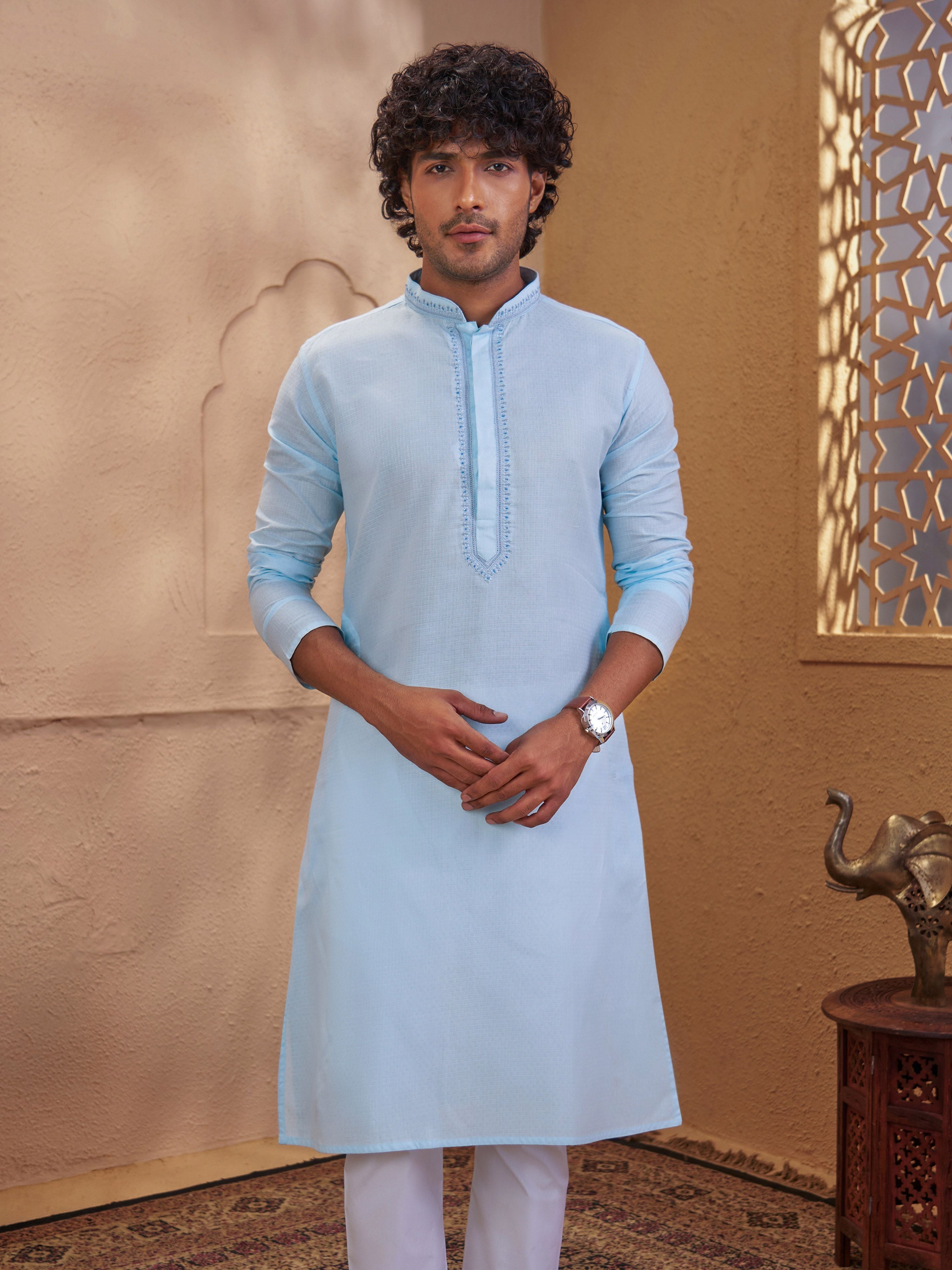 Men's Aqua Woven Fabric Embroidered Thigh Length Kurta