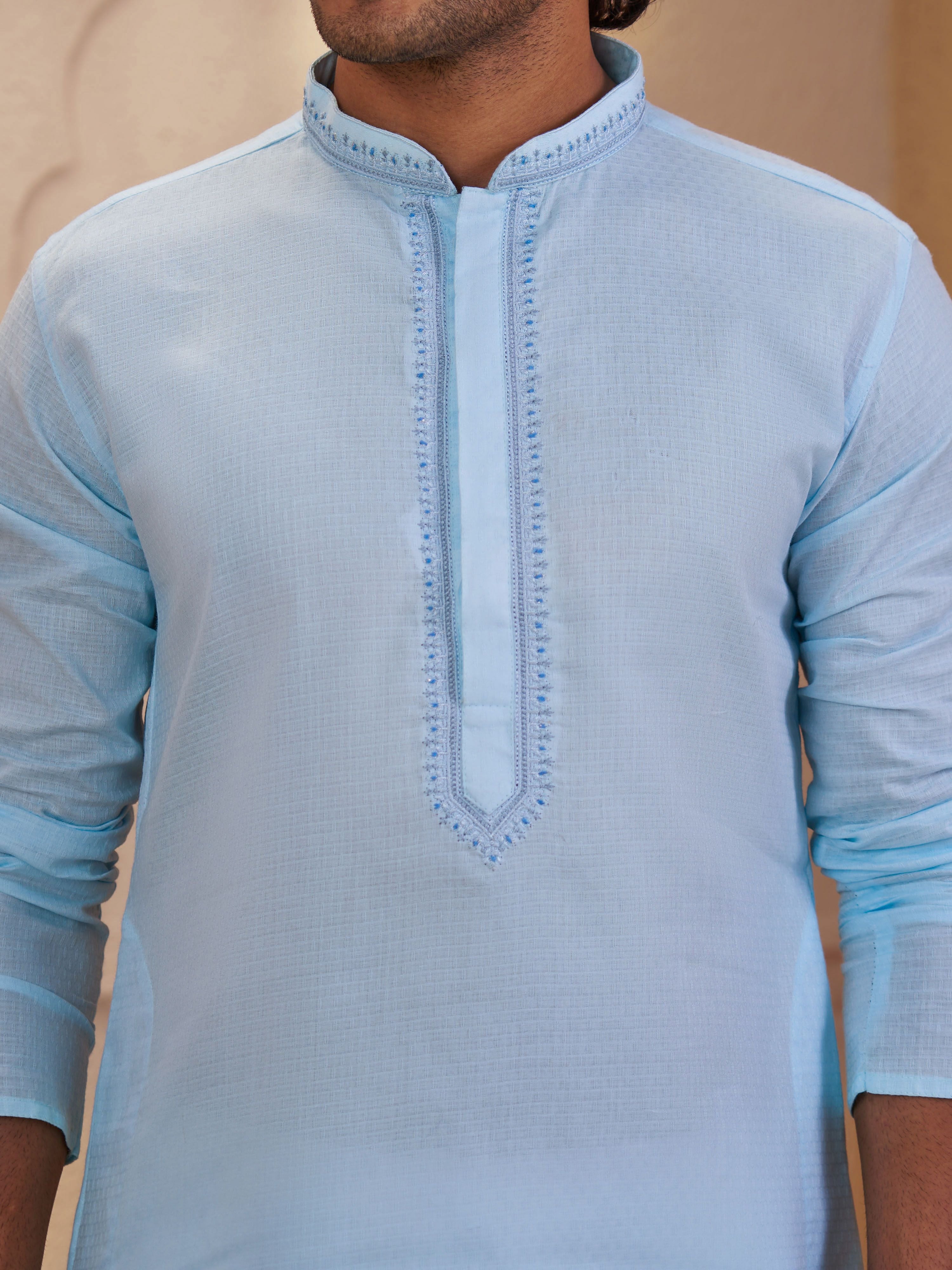 Men's Aqua Cotton-Blend Embroidered Thigh Length Kurta With Pyjama