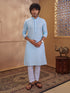Men's Aqua Cotton-Blend Embroidered Thigh Length Kurta With Pyjama