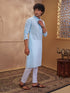 Men's Aqua Cotton-Blend Embroidered Thigh Length Kurta With Pyjama