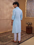 Men's Aqua Cotton-Blend Embroidered Thigh Length Kurta With Pyjama