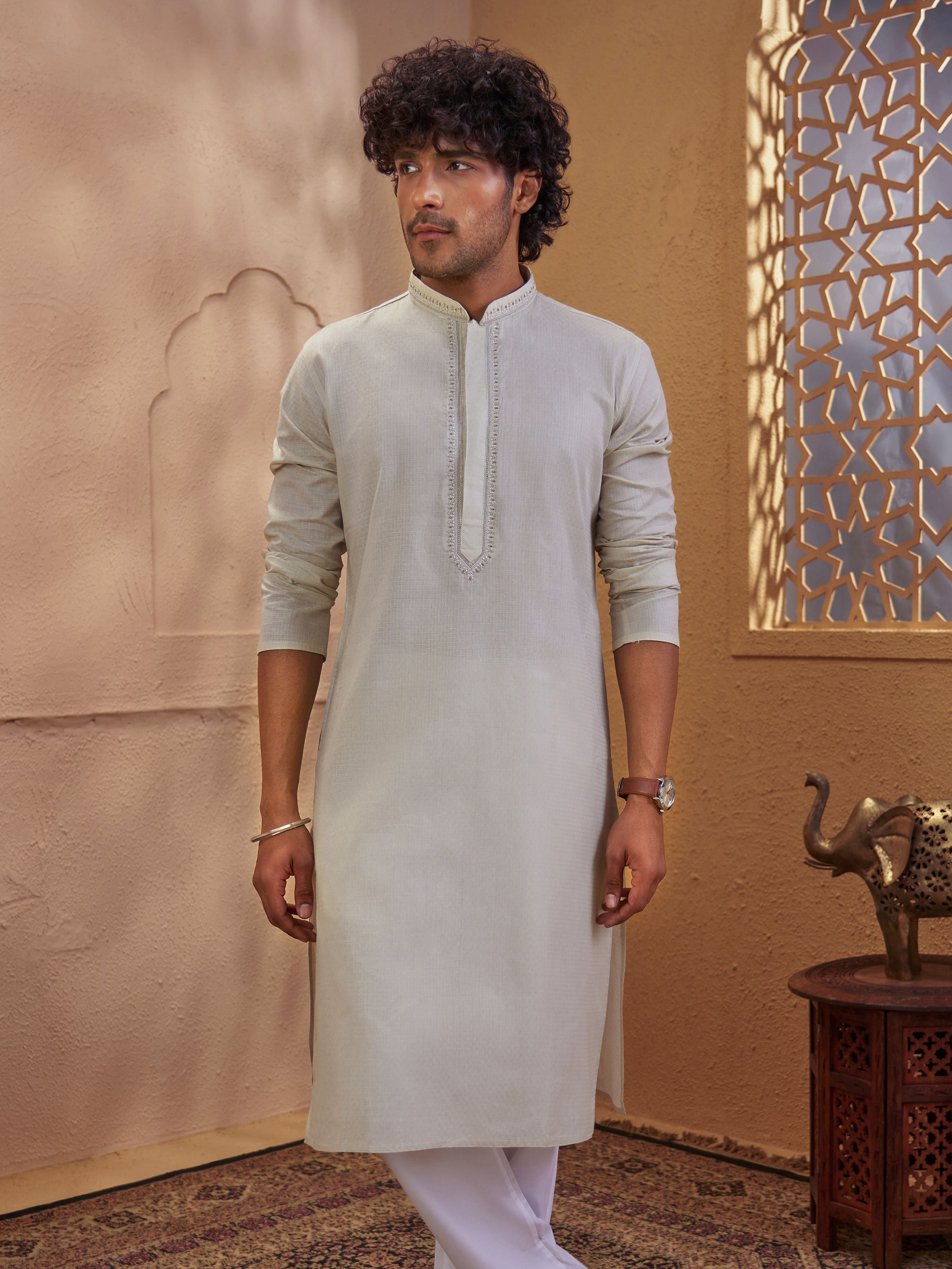 Men's Beige Woven Fabric Embroidered Thigh Length Kurta