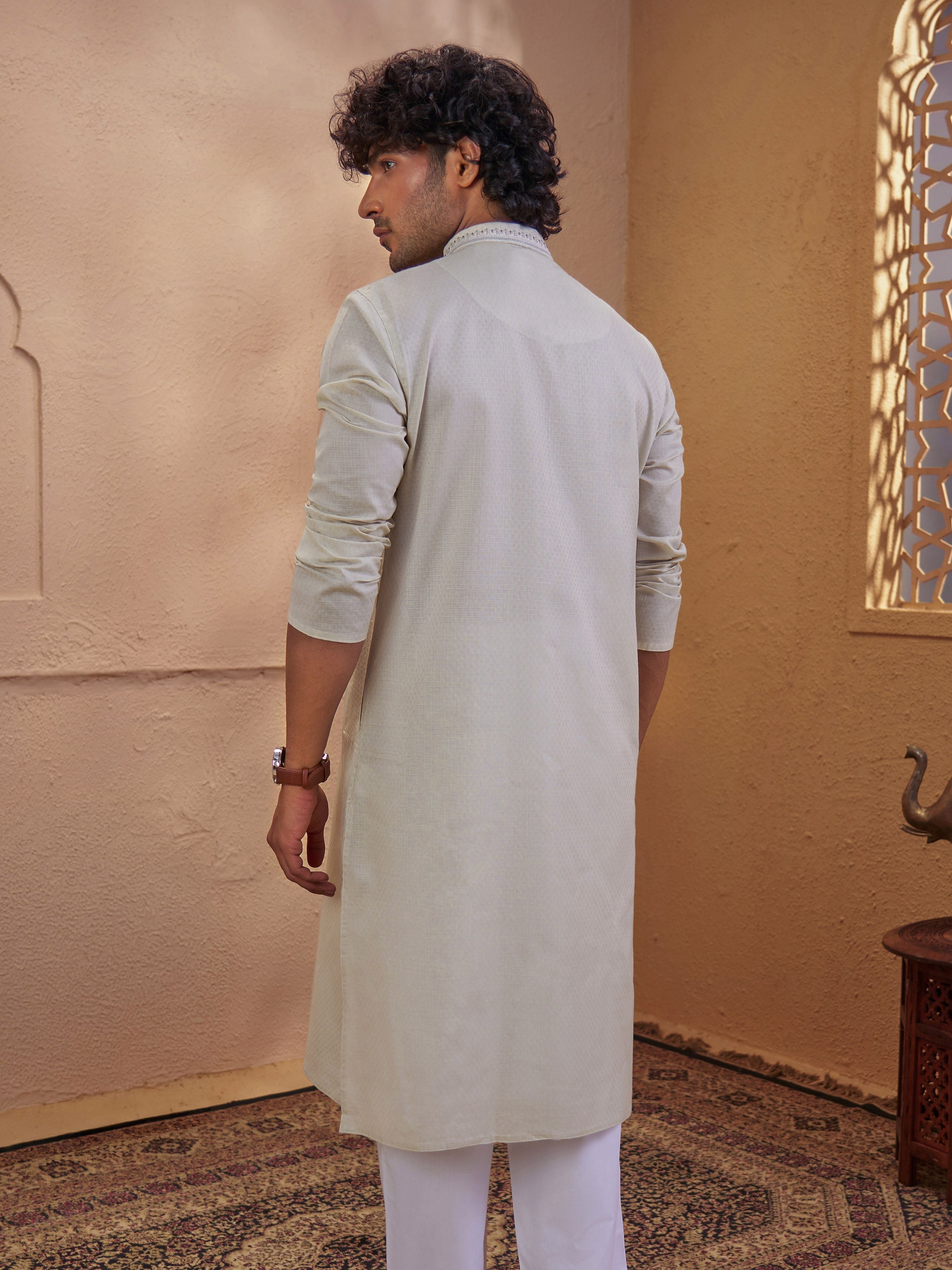 Men's Beige Woven Fabric Embroidered Thigh Length Kurta