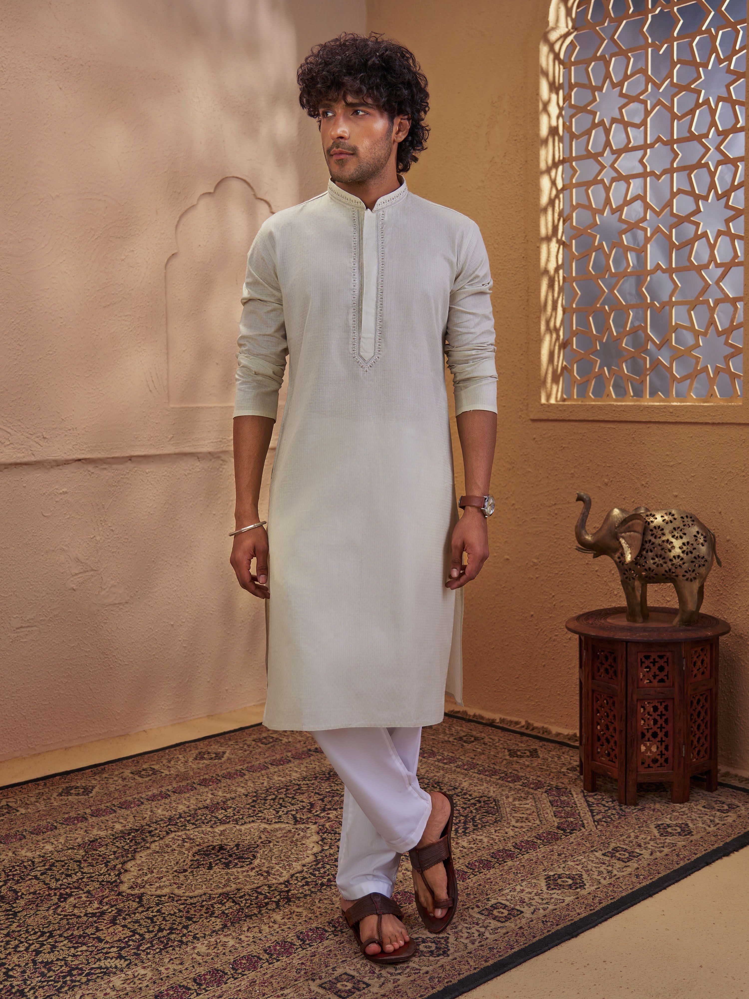 Men's Beige Cotton-Blend Embroidered Thigh Length Kurta With Pyjama