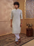 Men's Beige Cotton-Blend Embroidered Thigh Length Kurta With Pyjama